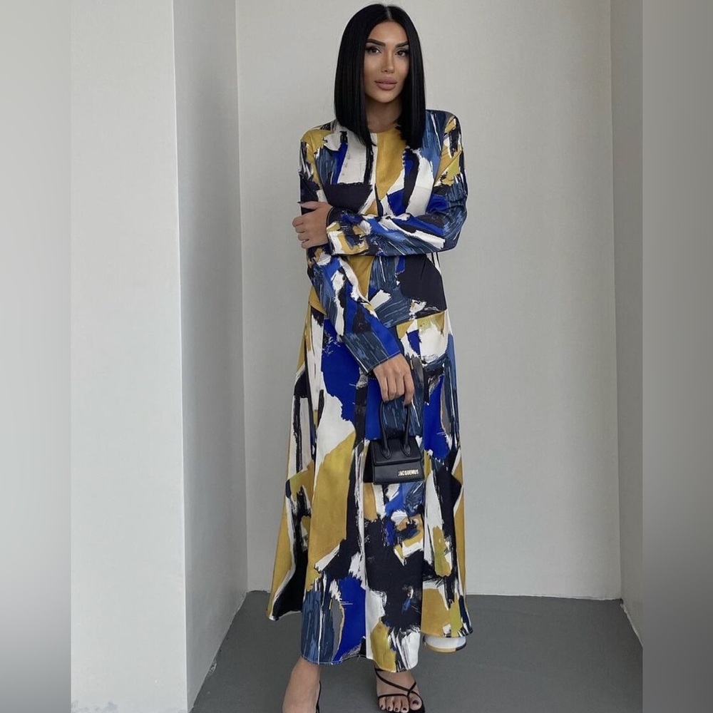 ZARA Abstract Multicolored Print Midi Dress, size L, NWT